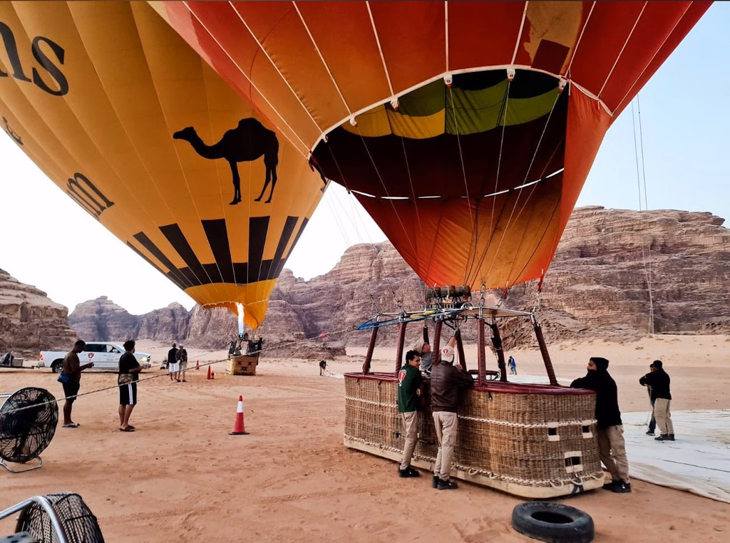 2 Air Balloons on the ground in Wadi Rum, Jordan