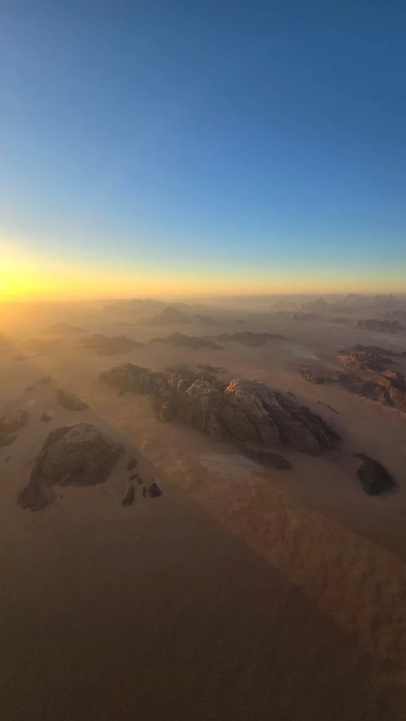Sunrise beams from Hot Air Balloon in Wadi Rum, Jordan