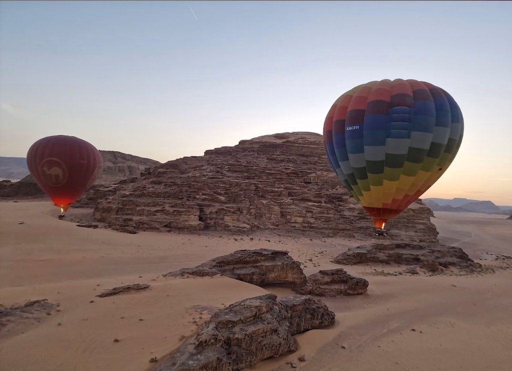 2 Hot Air Balloons flying above Wadi Rum, Jordan