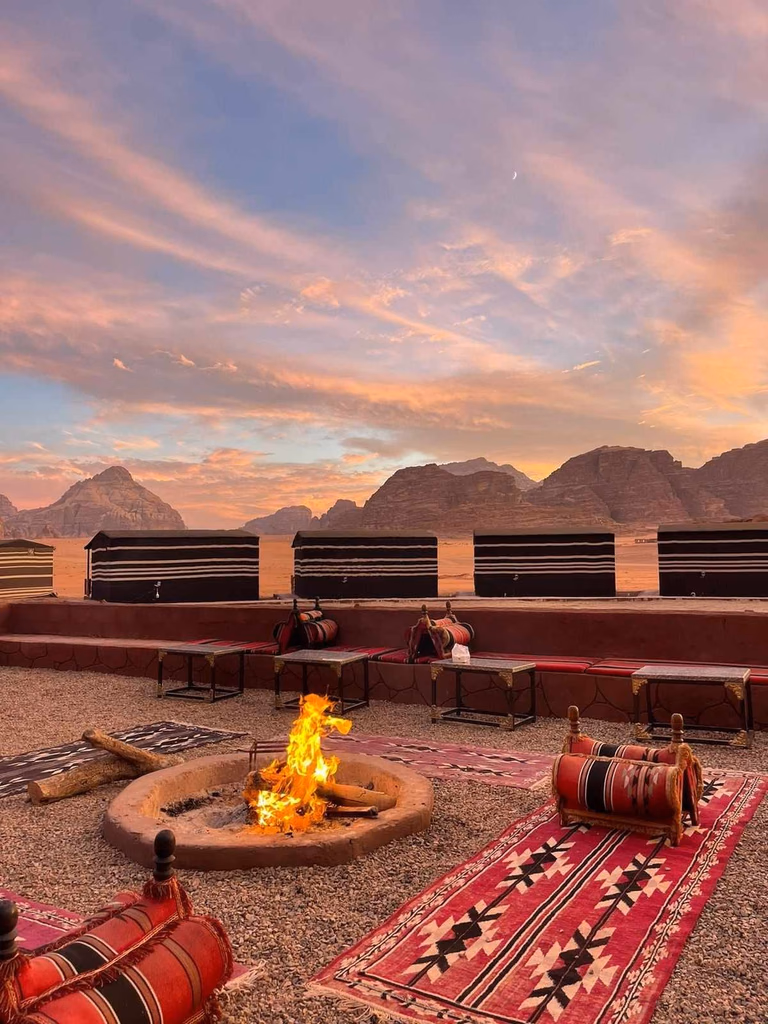 Cozy Campfire Area at sunset in our Bedouin Camp Wadi Rum, Jordan