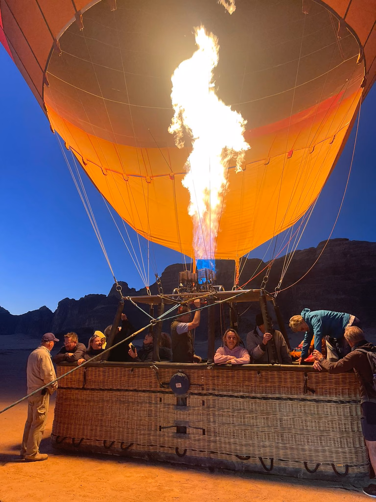 Flames infloating a hot air Balloon in Wadi Rum, Jordan