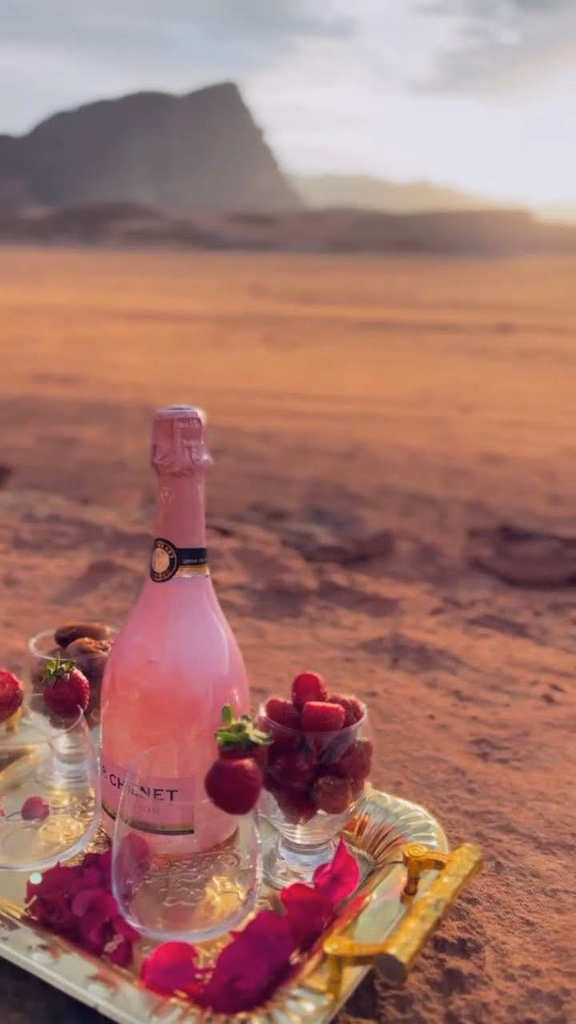 Champagne and fruits in Wadi Rum, Jordan