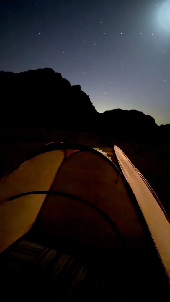 Tent in the night with a starry skyCouple of tents in the desert surrounding a campfire Wadi Rum, Jordan